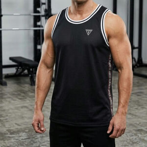 GUESS men's tank top mesh construction gym casual white trim Medium black